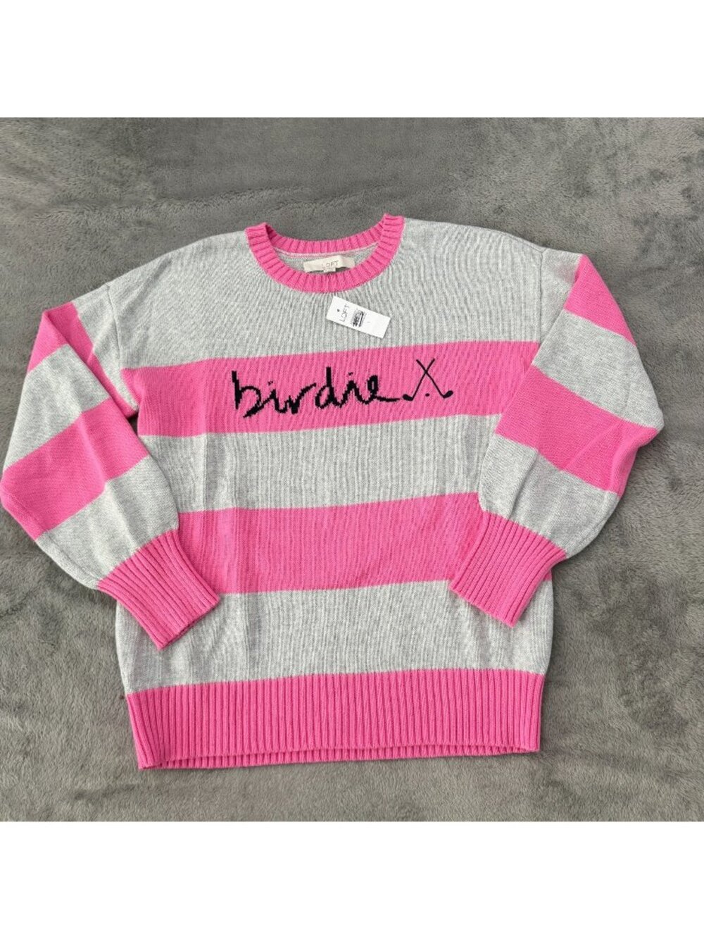 NWT Loft Pink Gray Striped Preppy Sweater LARGE Crew Neck Golf Birdie Cotton